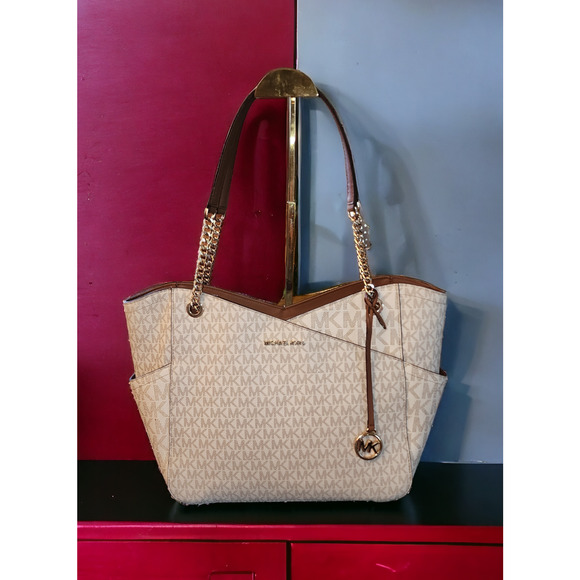 MICHAEL KORS Jet Set Large Logo Chain Strap Bag (vanilla signature - Picture 2 of 12